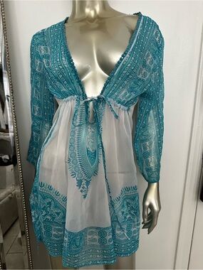 Adrienne Teal Paisley Sheer Tunic M/L